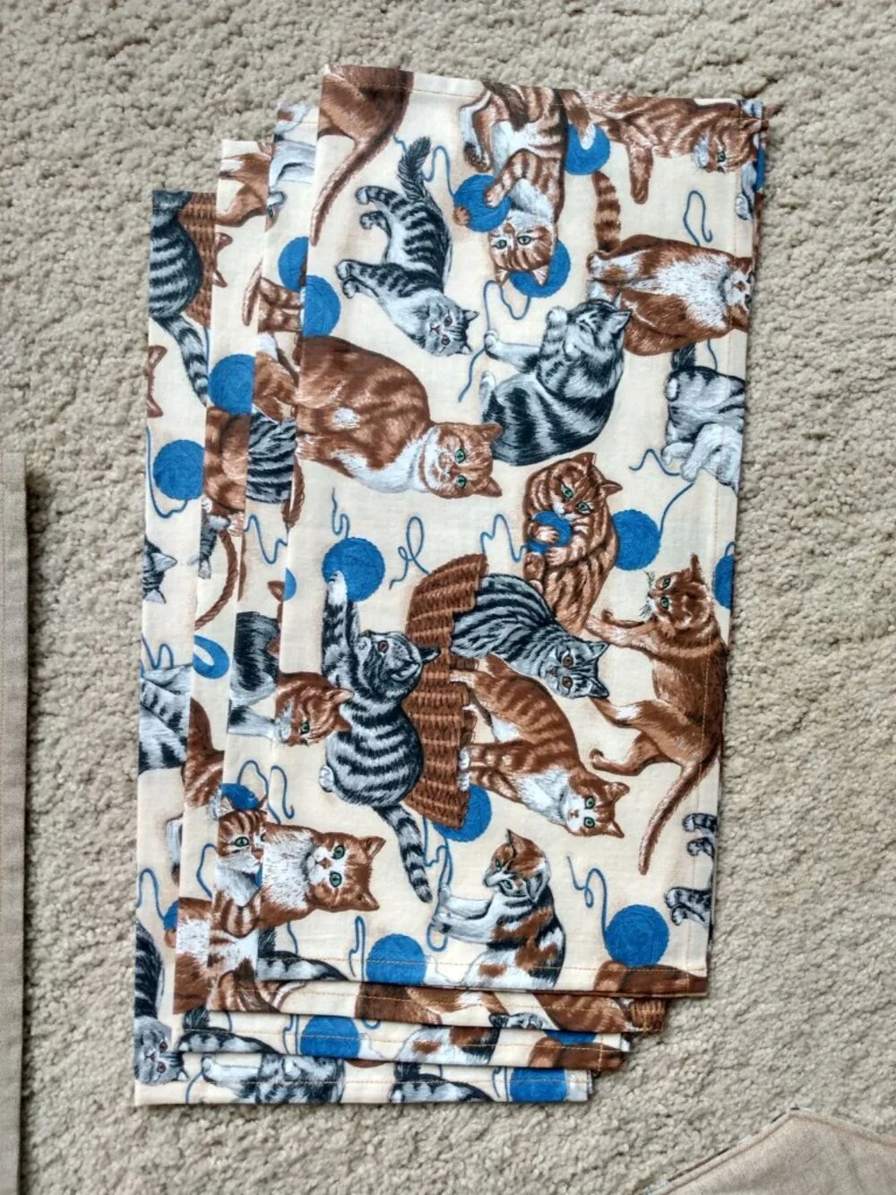 Quilted Kitty Cats Beige Blue Reversible Placemats & Napkins Set of 4 each New